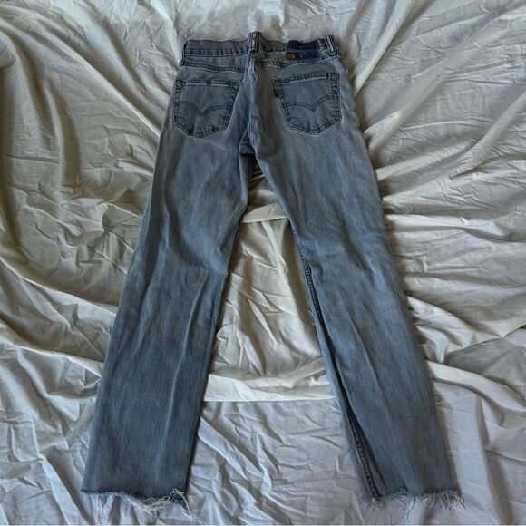 Women's Light Blue Distressed Straight Leg Jeans - Picture 2 of 13